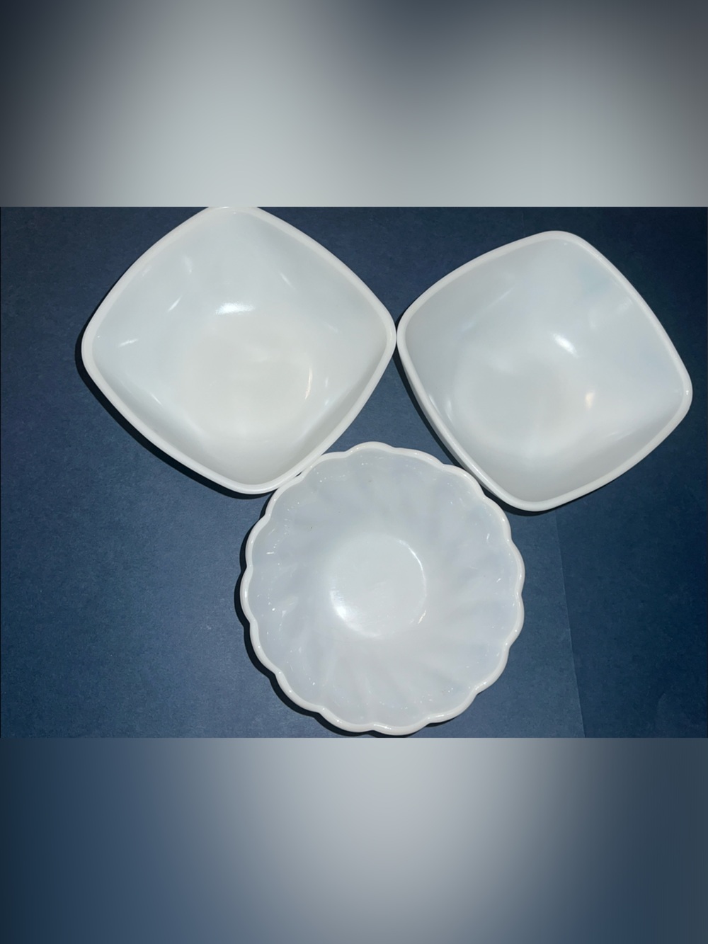 Vintage White Pyrex 410 Hostess Bowls & Hazel-Atlas Swirl Milk Glass Bowl Lot